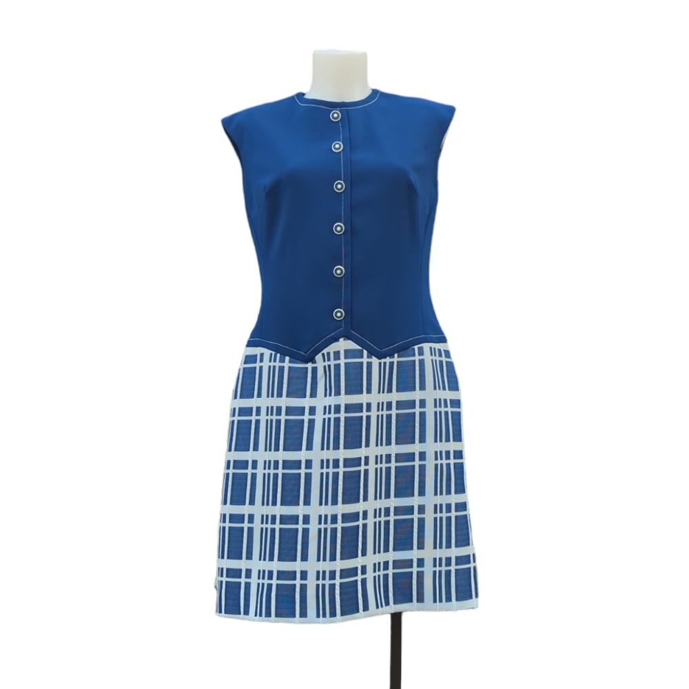Vintage Lester Paul Of Dallas 1970s Dress Royal Blue White Plaid VTG 16 Preppy